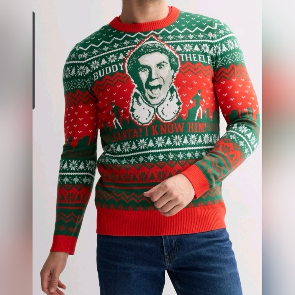 ELF Men’s Red and Green Crewneck Holiday Sweater - 'Buddy the Elf' Graphic